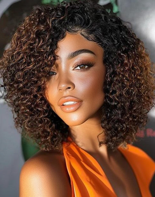 14" 16" Ombre Brown Curly Bob Layered Wig Glueless Wigs Pre Cut Lace