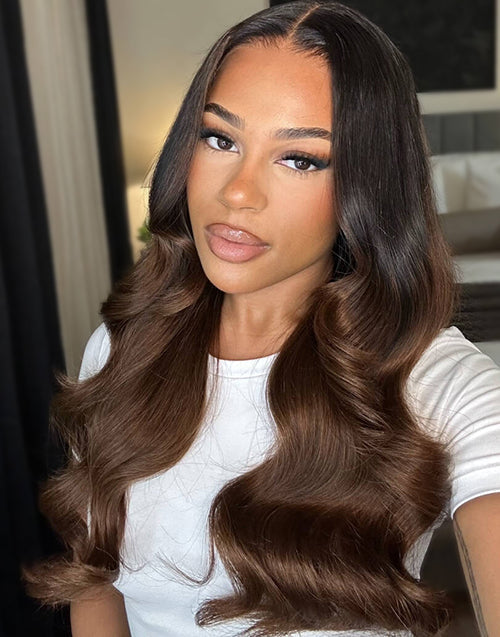 Zinnia- Glueless Pull Go Wig Ombre Brown Wavy Wig With Black Roots Pre Everything Human Hair Wig