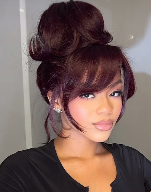 Ethel- Burgundy Colored Curtain Bangs Layered Wavy 13x5 Pre Everything Glueless Wig Easily Do High Bun by Yourself