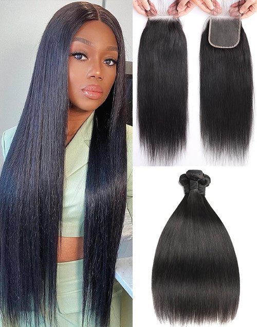 Straight Hair 3 Bundles With HD 4x4 Lace Closure Ultra-thin Invisible Swiss Lace Human Hair With Closure