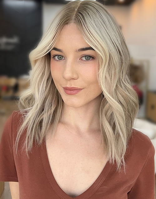Kayra- Highlight Ombre Ash Blonde With Light Grey Root Short Wavy Bob Lace Front Wig For Women