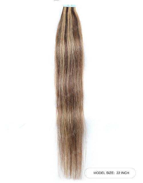 P4/27 Hair Tape Straight Human Hair Extensions Brown With Blonde Highlights