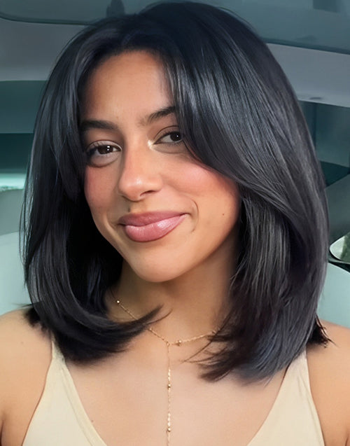 Yuri- 7X5 Glueless French Bob Wig With Curtain Bangs Layered Cut Bob Wig Pre Cut Lace(Ready To Ship)