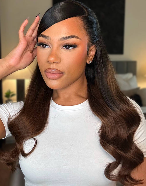 Zinnia- Glueless Pull Go Wig Ombre Brown Wavy Wig With Black Roots Pre Everything Human Hair Wig