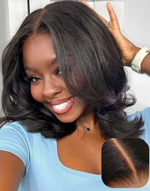 16" Curtain Bangs Slight Layered Bob Kinky Wavy 13x5 Drawstring Glueless Wig Pre Cut Lace