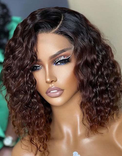 16" Ombre Brown Water Wave 4x4 Lace Bob Wig Human Hair Wig