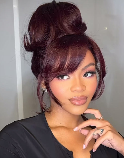 Ethel- Burgundy Colored Curtain Bangs Layered Wavy 13x5 Pre Everything Glueless Wig Easily Do High Bun by Yourself