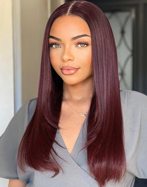 Burgundy Color Glueless Straight Layered Human Hair Wigs 13x5 Pre Everything Lace Frontal Wig