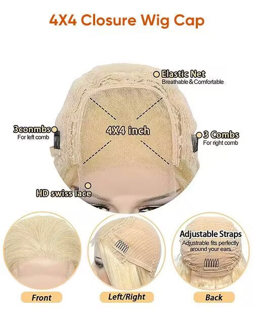 4x4 closure wig cap with features highlighted on a white background
