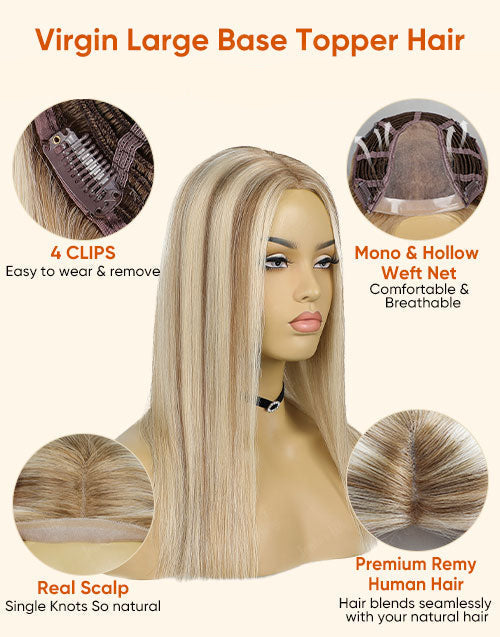 Remy Human Hair Topper Highlight Brown Mixed Platinum Blonde 6"X7" Lace Front Clip In