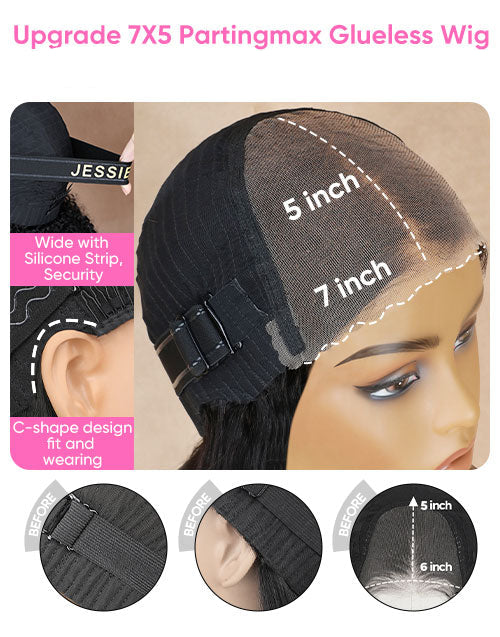 Jessie's wig with measurements and features highlighted on a beige background