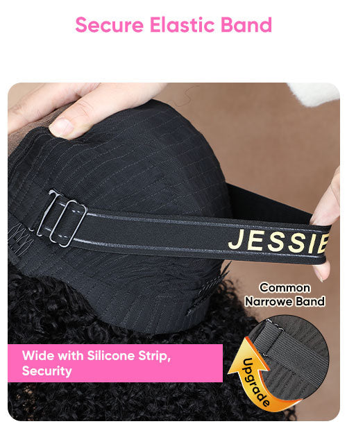 Black wig with a secure elastic band labeled 'Jessie's Wig' on a brown background.