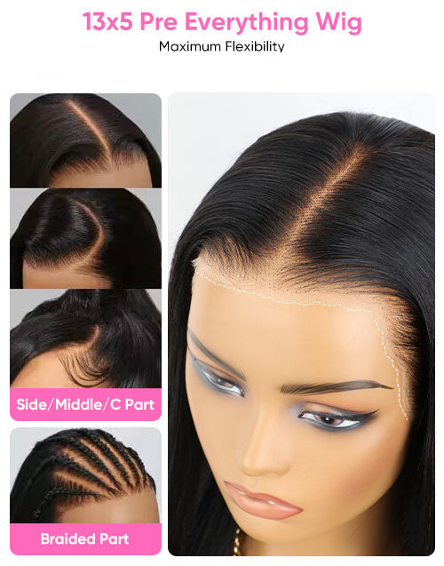 Wig with lace front design on a mannequin head, showing different parts and flexibility.