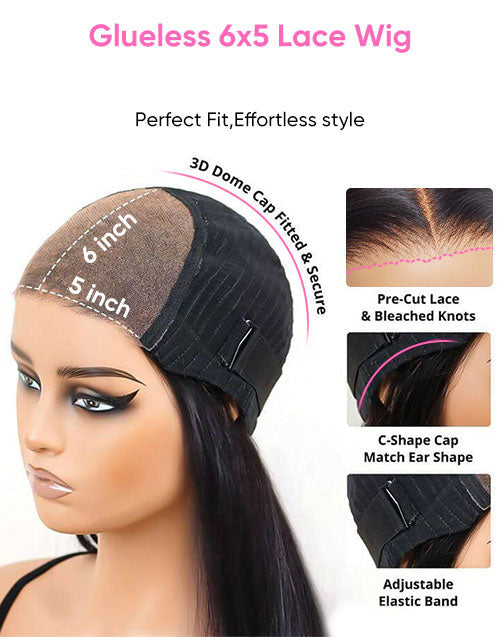 Glueless 6x5 lace wig with features highlighted on a white background