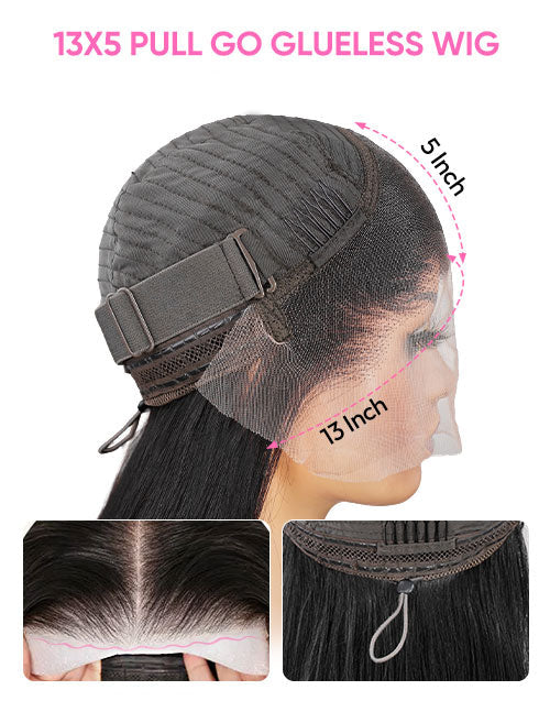 Black lace front wig with measurements on a white background