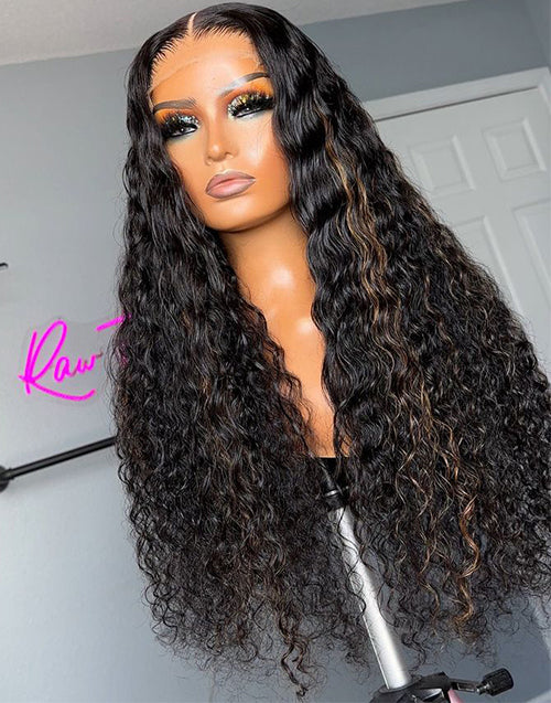 Highlights Brown With Black Hair Water Curl Lace Frontal Human Hair Glueless Wigs Pre Cut Lace