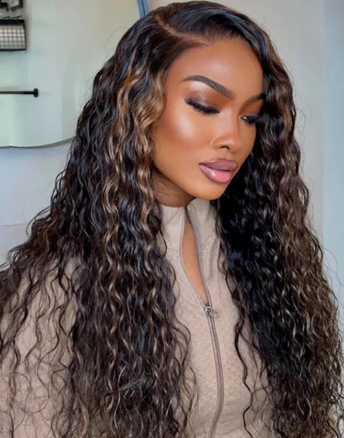 Ross- 13x5 Brown Highlight Wig Water Wave Pull Go Glueless Wig Pre Cut Lace