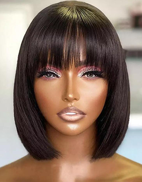 Brown/Burgundy/Black Color Layer Cut Straight Bob 5x5 Lace Glueless Wigs With Bangs