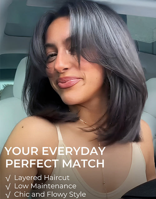 Woman with styled hair in a car, promotional text about hair cut features.