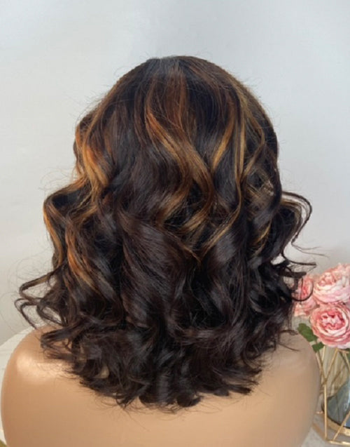 Glueless Highlight Wavy Human Hair With Bangs Ombre Honey Blonde Non Lace Wigs