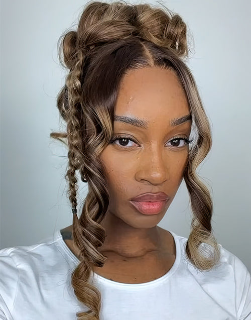 Invisi Strap Drawstring 360 Lace Wig Highlight Honey Brown Wavy Wig Do Updo/Bun/Braids Style By Yourself