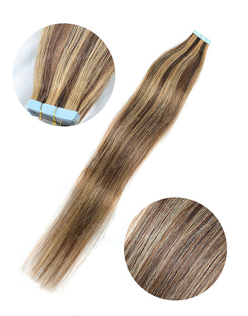 P4/27 Hair Tape Straight Human Hair Extensions Brown With Blonde Highlights