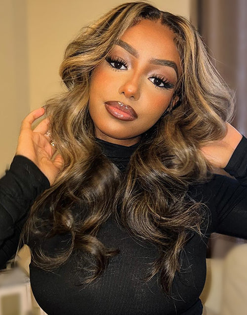 Eileen- Black With Honey Blonde Highlights Glueless Wavy 13x5 Pre Cut Lace Front Wig Piano Colored Human Hair Wig
