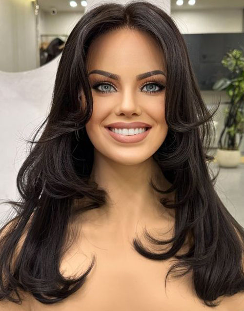 18" Curtain Bangs Wavy Layer Cut Pre Cut 4x4 Lace Wig