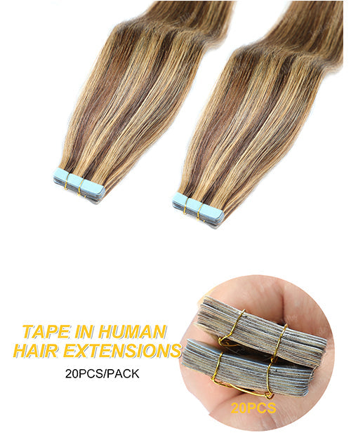 P4/27 Hair Tape Straight Human Hair Extensions Brown With Blonde Highlights