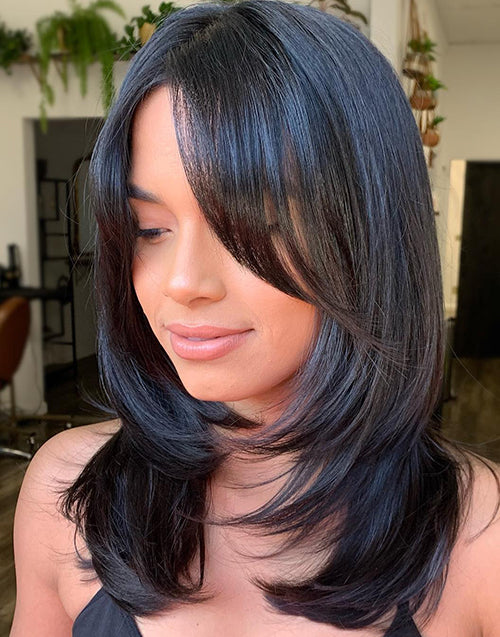 Glueless Pull Go Wig Oval Layers Haircut Wig With Curtain Bangs Straight Wig Pre Cut Lace