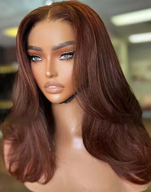 Edwina- Layered Soft Wavy Auburn Brown Pre Cut Lace Front Wigs Shoulder Length Middle Part