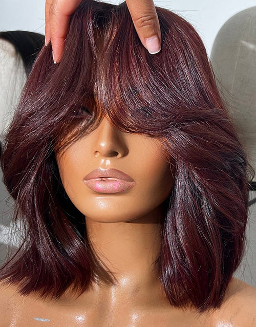 Pandora- Glueless Pull Go Wig 99J Red Wavy Short Blunt Cut Bob Style With Curtain Bangs For Women