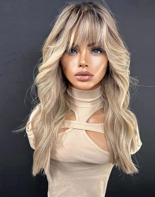 Cety-Custom Made Lovely Curtain Bang Highlights Warmth Blonde Dark Roots Natural Wave 13x6 Lace Front Glueless Wig Human Hair
