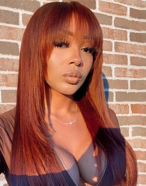 Dale- Pre Cut Reddish Brown Straight Wig With Bangs Layer Cut Glueless Human Hair Lace Front Wig