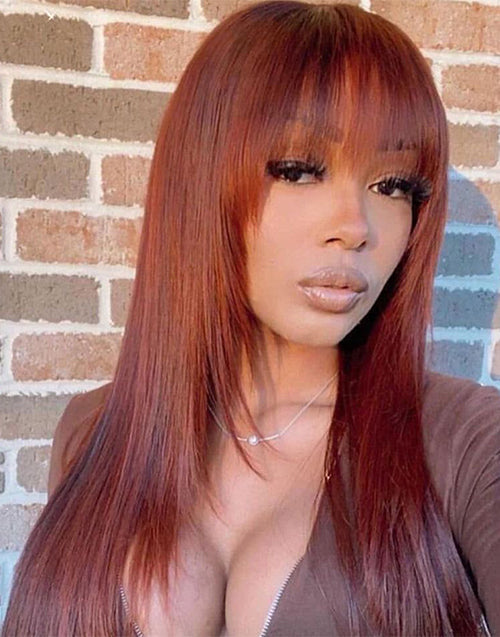 18" Reddish Brown Straight Layer Cut Wig With Bangs Pre Cut Lace