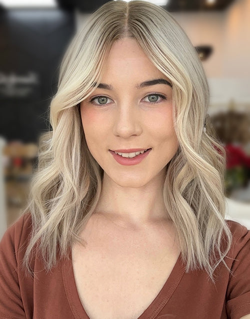 Kayra- Highlight Ombre Ash Blonde With Light Grey Root Short Wavy Bob Lace Front Wig For Women