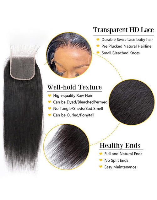 Straight Hair 3 Bundles With HD 4x4 Lace Closure Ultra-thin Invisible Swiss Lace Human Hair With Closure