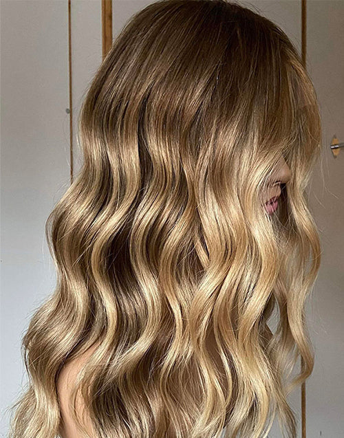 Jauy-Long Wavy Golden Honey Blonde Balayage Lace Front Wigs Middle Part