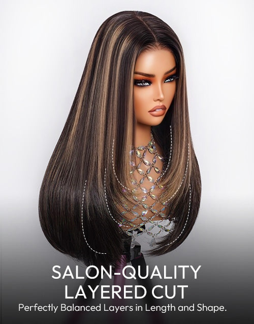 Zephyrine- Glueless Pull Go Wig Balayage Honey Layer Cut Straight Wig Pre Cut Lace Human Hair