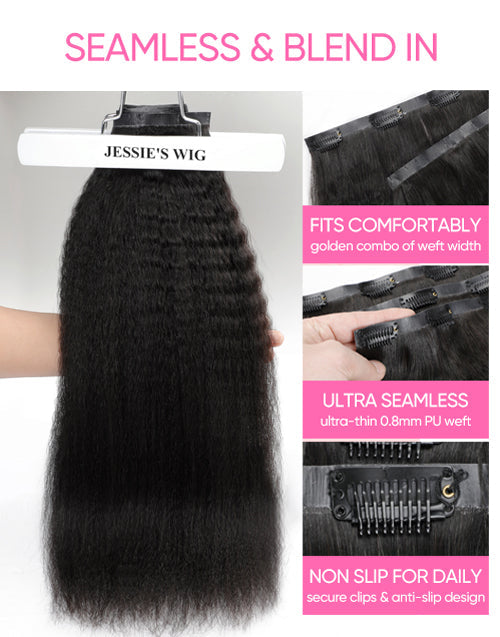 Kinky Straight Ultra-thin PU Weft Seamless Clip in Human Hair Hair Extensions Natural Black 7Pcs