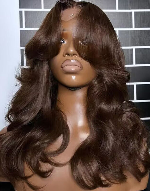 Eartha- NEW Glueless Curtain Bangs Wig Pre Everything 13X5 7X5 Chocolate Brown #4 Glueless Wavy Wig