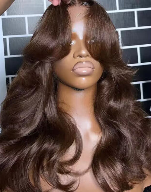 Eartha- NEW Glueless Curtain Bangs Wig Pre Everything 13X5 7X5 Chocolate Brown #4 Glueless Wavy Wig