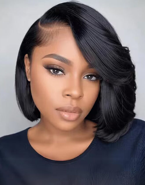 Evelyn- Layered Cut Straight Bob With Sideswept Bangs Glueless 13x5 Pre Cut Lace Front Wig Human Hair
