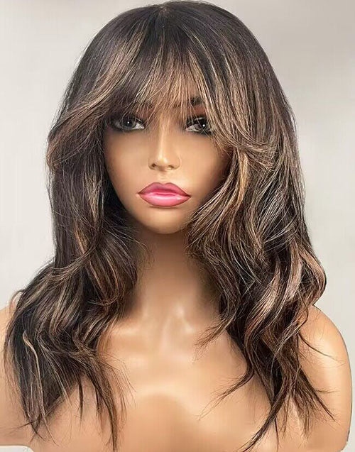 Mona- Blonde Highlight Curtain Bangs Wavy 13x5 Pre Cut Lace Front Glueless Wig Human Hair