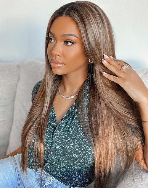 Jelena-Straight Ash Blonde Highlight Brown Human Hair 13X4 Lace Front Wig
