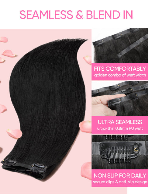 Seamless Clip in Human Hair Hair Extensions Ultra-thin PU Weft Straight Natural Black 7Pcs