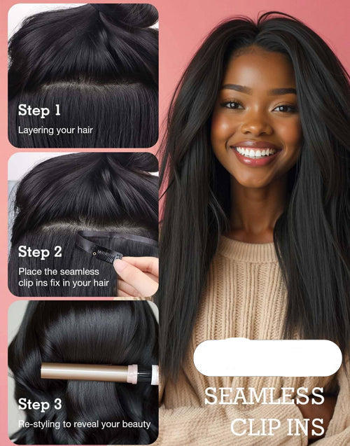 Kinky Straight Ultra-thin PU Weft Seamless Clip in Human Hair Hair Extensions Natural Black 7Pcs