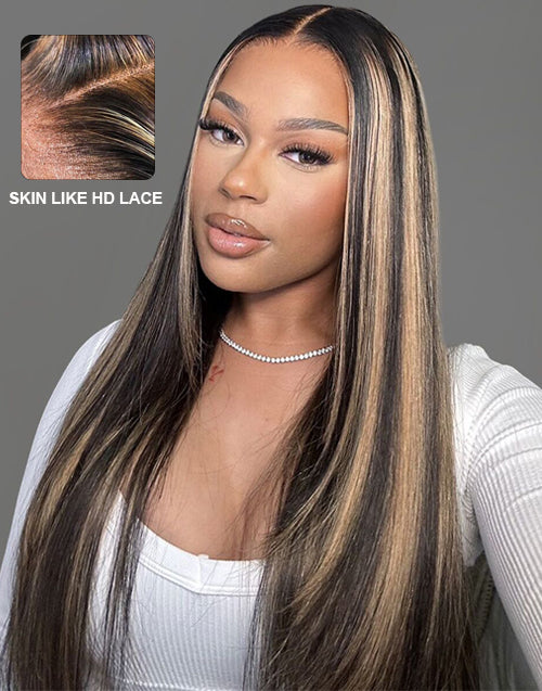 Della- 9x6 Pre Cut Glueless Lace Wig Balayage Highlights Honey Blonde Straight