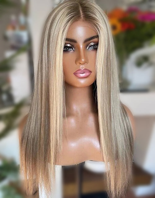 16” HD Lace Highlight Blonde Brown Straight 360 Lace Wig For Women