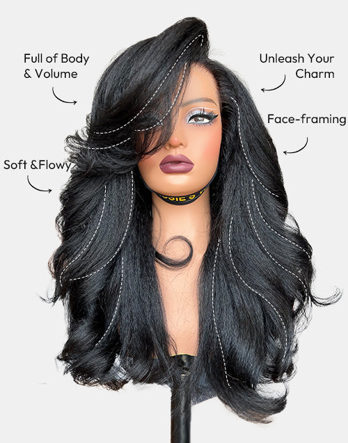 Seren- Glueless Pull Go Wig Layered Kinky Straight Wave Wig Side Bangs Pre Cut Lace Human Hair